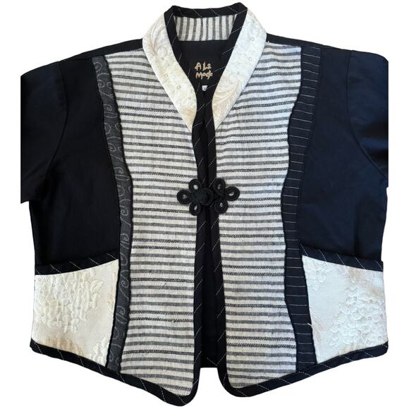 Vintage A La Mode patchwork jacket black cream frog toggle made USA size large - Picture 8 of 15